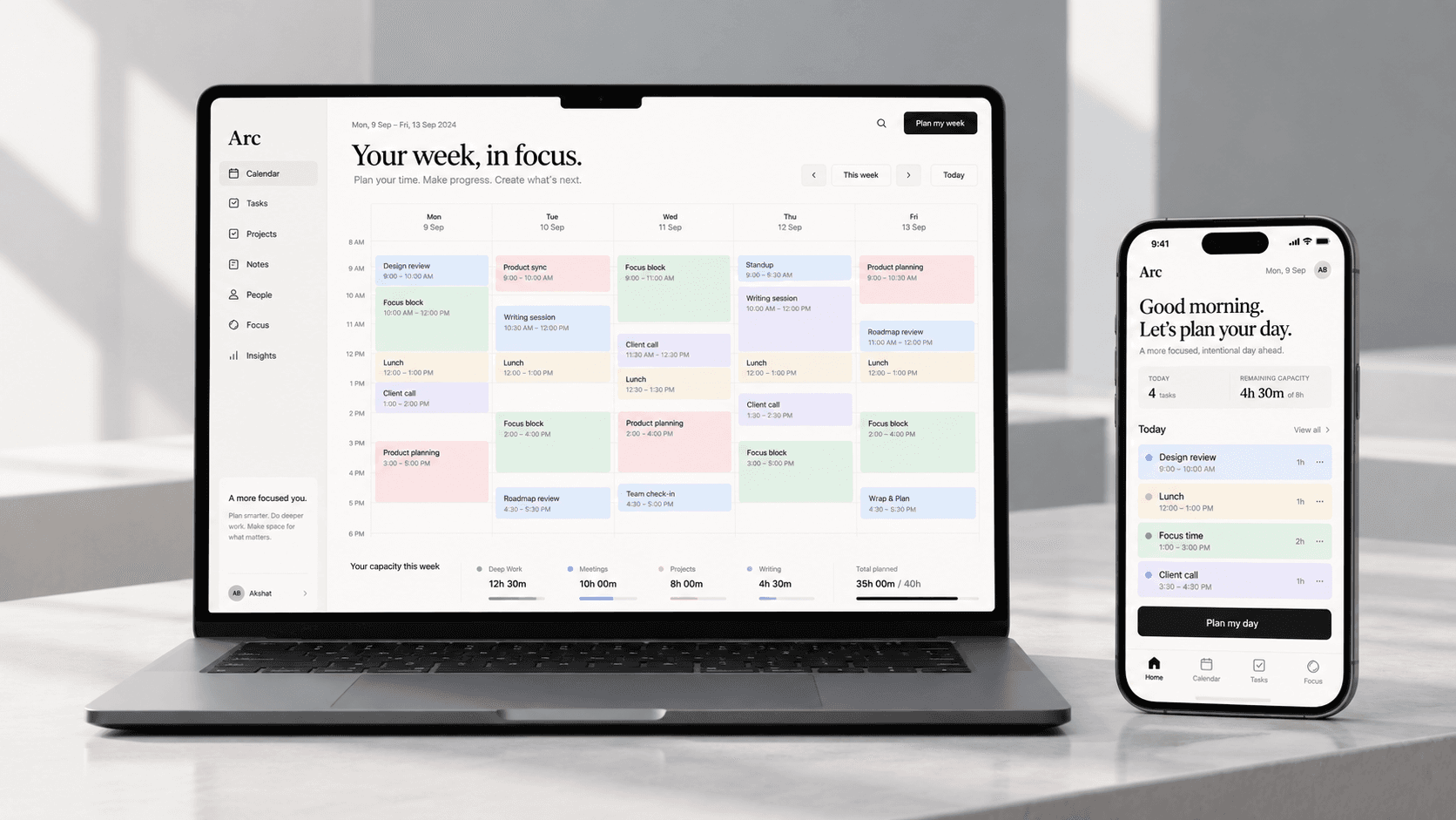 Arc on a laptop and phone, showing a planned week of meetings, project work and protected focus blocks