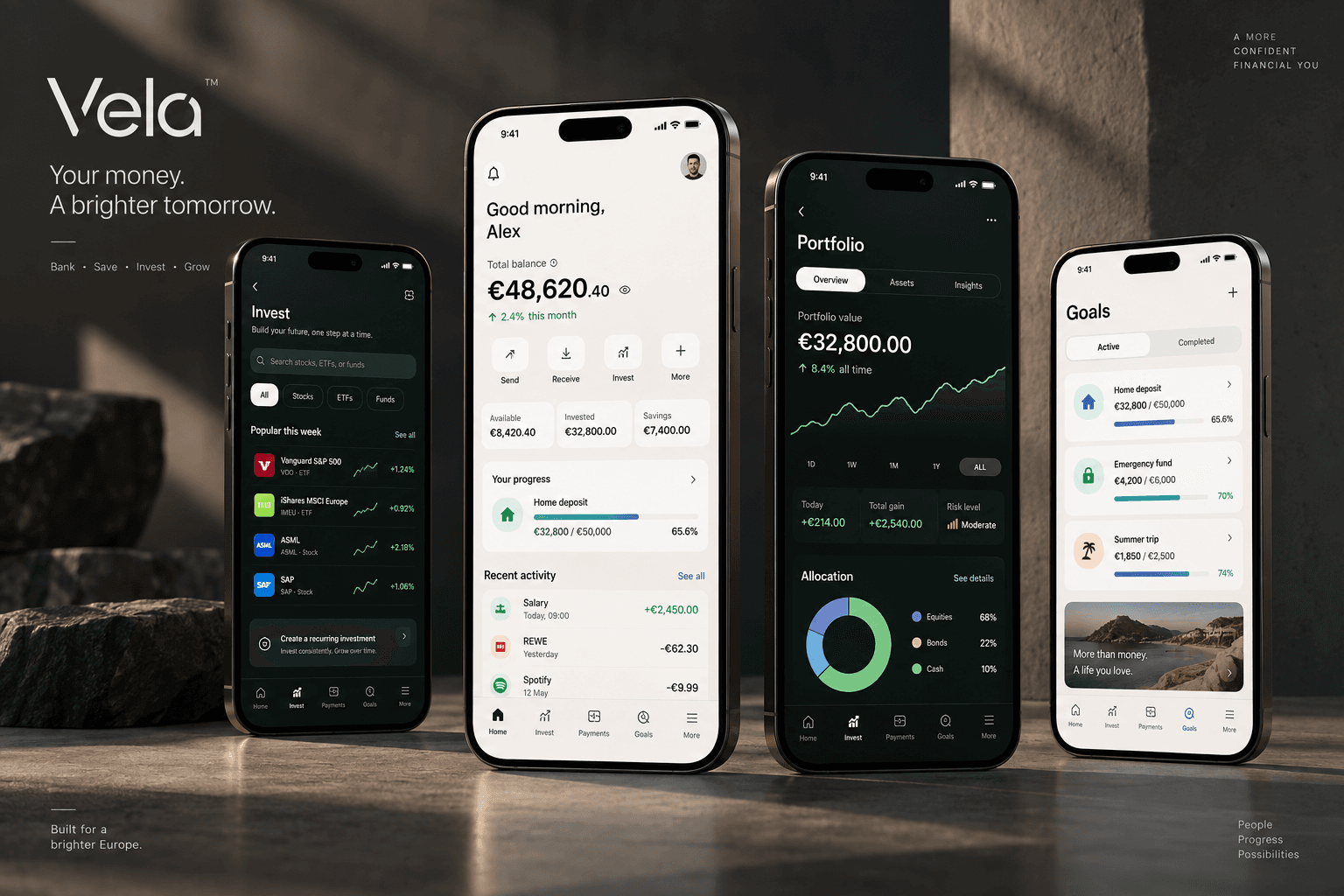 The Vela app across four phones: invest, financial overview, portfolio and goals
