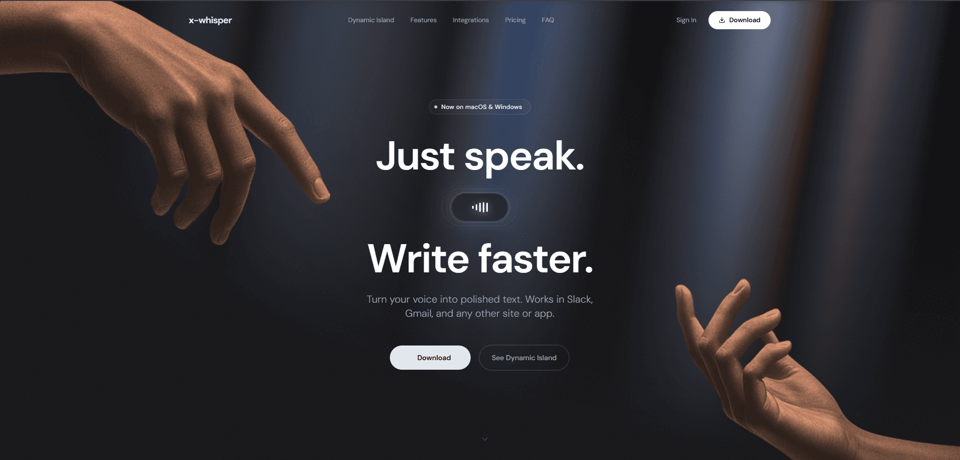 The x-whisper website: “Just speak. Write faster.” Turn your voice into polished text, in Slack, Gmail and any other site or app